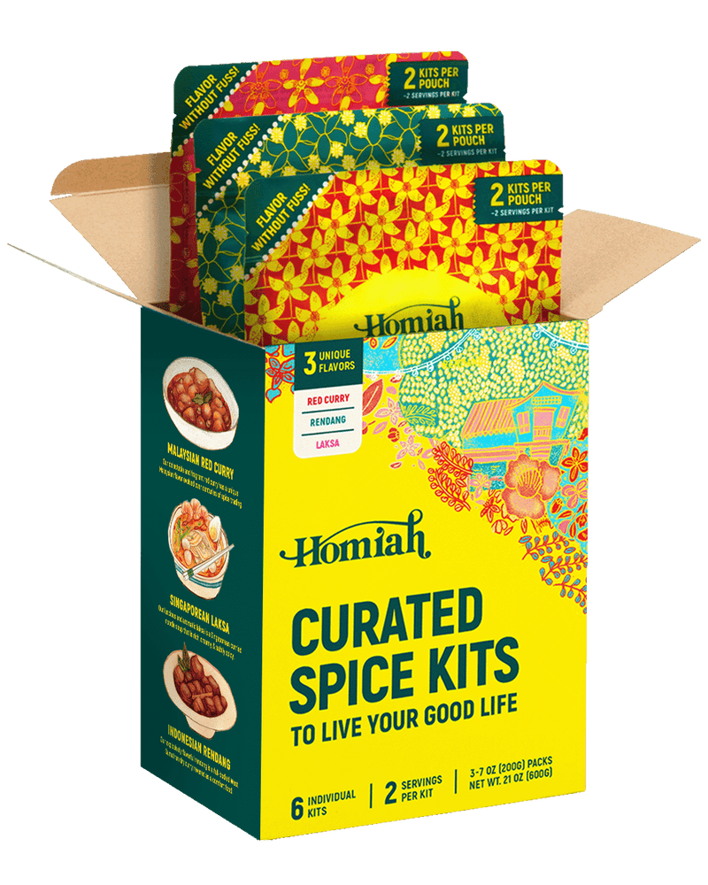 Homiah Singaporean Laksa, Indonesian Rendang and Malaysian Red Curry Spice Kit Trio,  Meal Kit, Variety Pack or Rempah Set. Quality Laksa, Rendang and Red Curry.